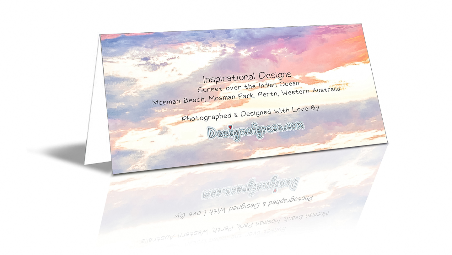 The back of the card with more details such as: Sunset over the Indian Ocean Mosman Beach, Mosman Park, Perth, Western Australia