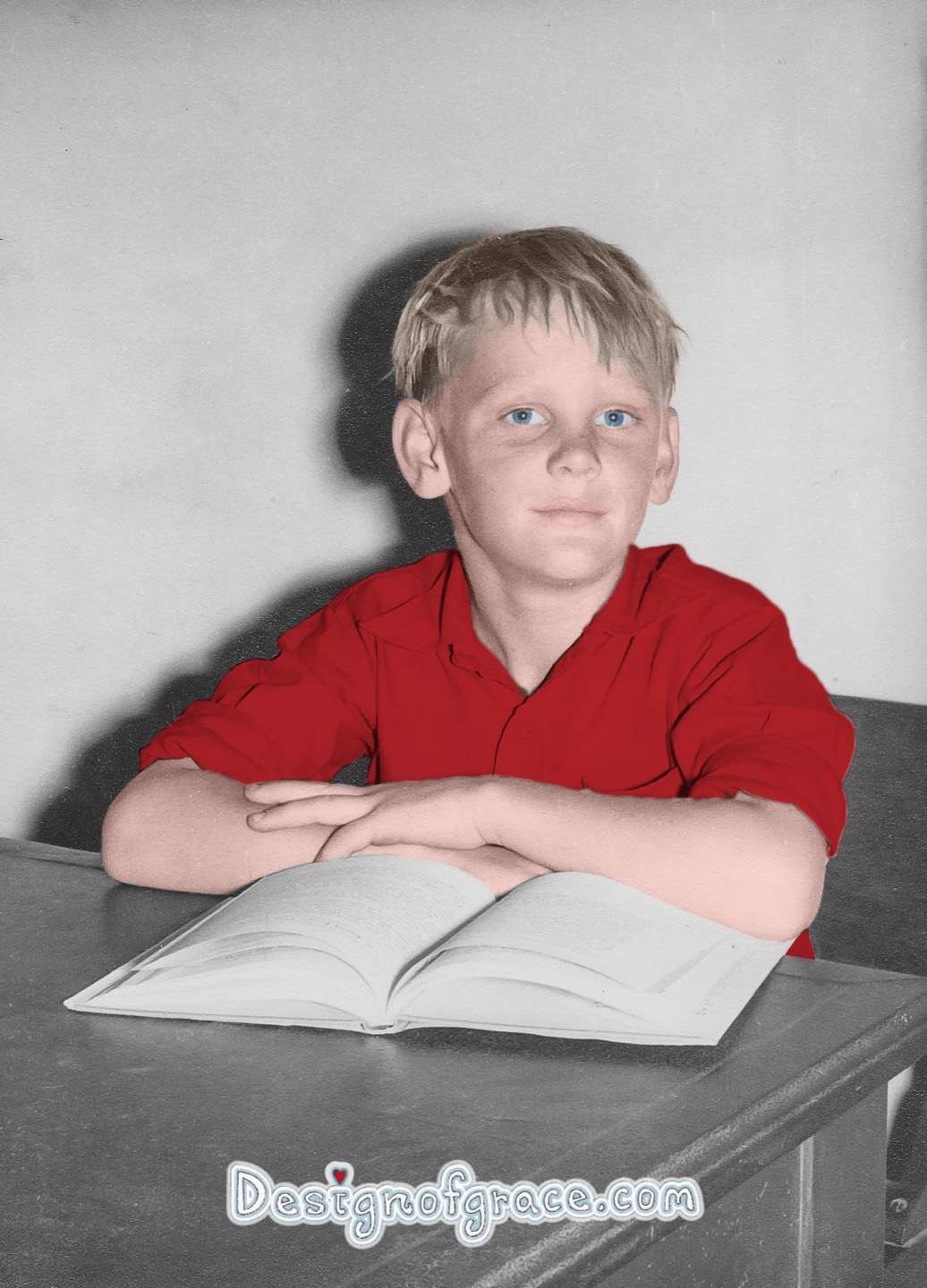old black and white photo of a boy coloured in by me