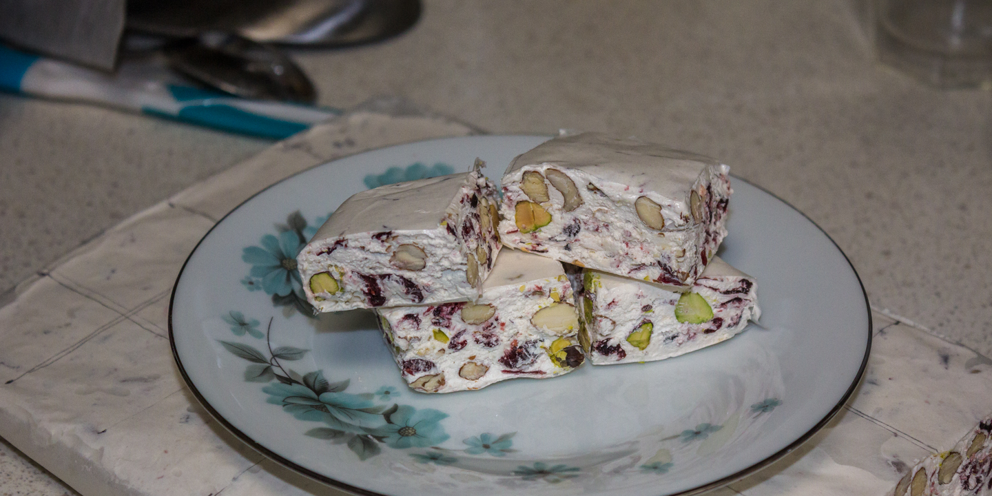 The normal nougat cut into individual bites ready for wrapping