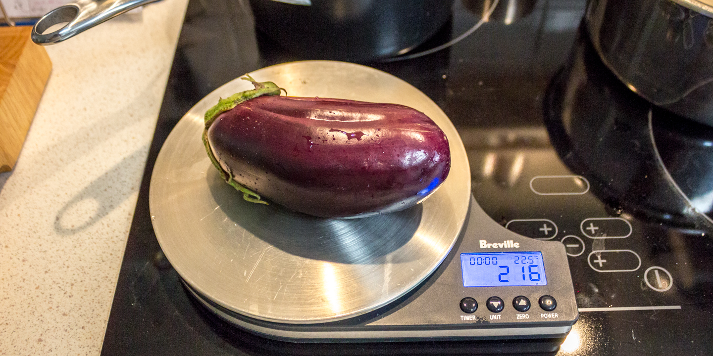 1st eggplant weighing in at 216g