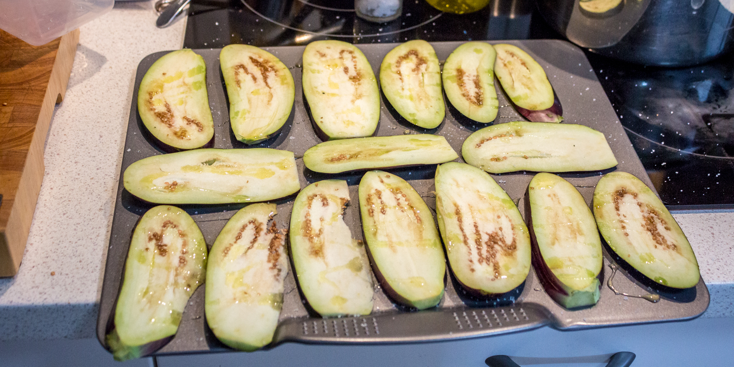 1st step is to wash and slice the eggplant as per the photo. Then sprinkle salt and pepper and drizzle on some olive oil. Repeat on the other side.