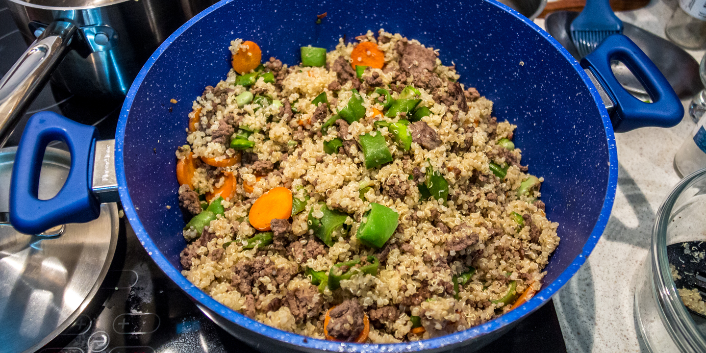 Dinner Tonight. Home grown broad beans and snow peas with quinoa and beef mince