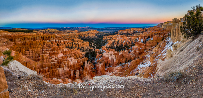 Inspiration Point , Bryce Canyon National Park pink and blue sunset  panorama with red rock formation