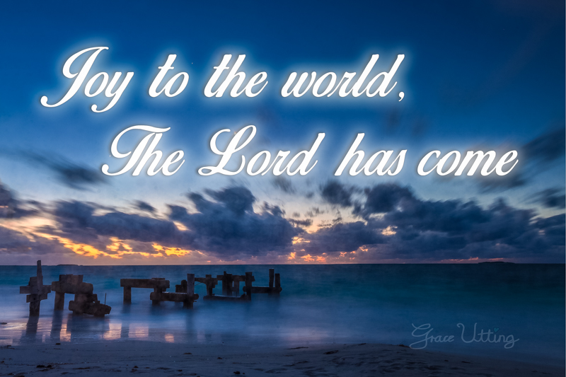 The Broken Jetty at Sunset, Jurien Bay, Western Australia with text Joy to the World The Lord has come
