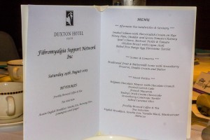 A photo of a menu from the duxton hotel for the Fibromyalgia support network high tea.