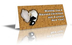 Two lambs sleeping on each other in a heart shape design saying “Wishing You A Blessed Christmas and A Lovely New Year!”