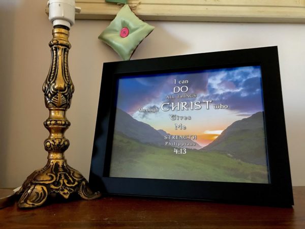 8x6 I can do all things In Christ designed mount framed on a client's bed side table